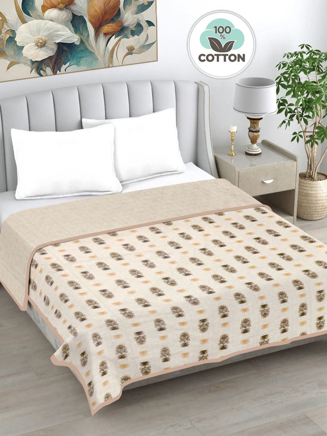 FABINALIV Beige & Olive Green Floral Printed AC Room 233 GSM Pure Cotton Double Bed Dohar-image-46