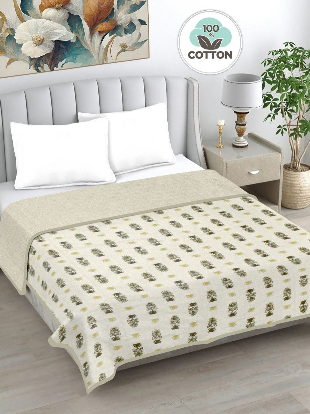 FABINALIV Green & Grey Floral Printed AC Room 233 GSM Pure Cotton Double Bed Dohar-image-25