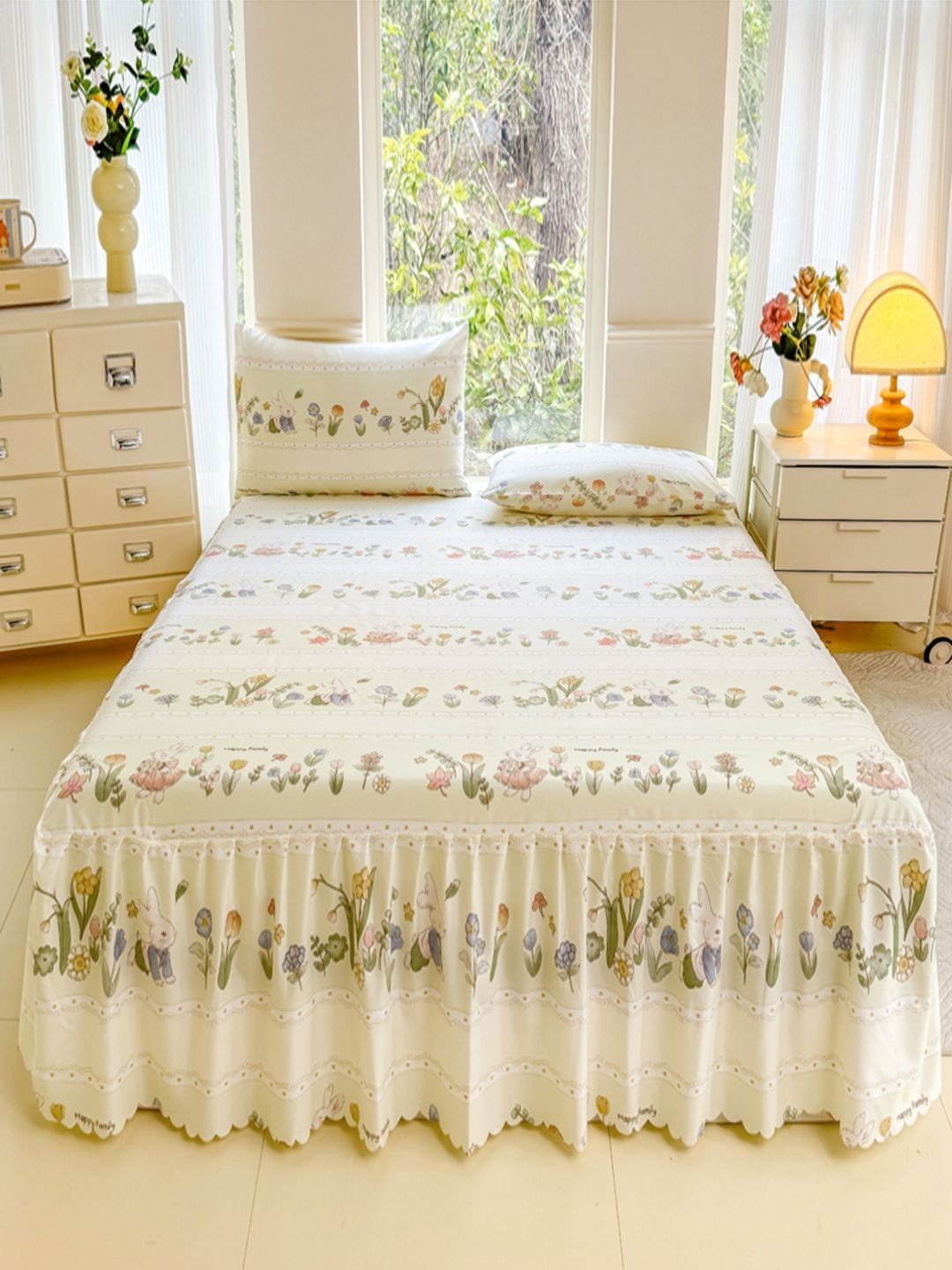 JC HOME Beige & Green Floral 140 TC Queen Bedsheet with 2 Pillow Covers-picture-34