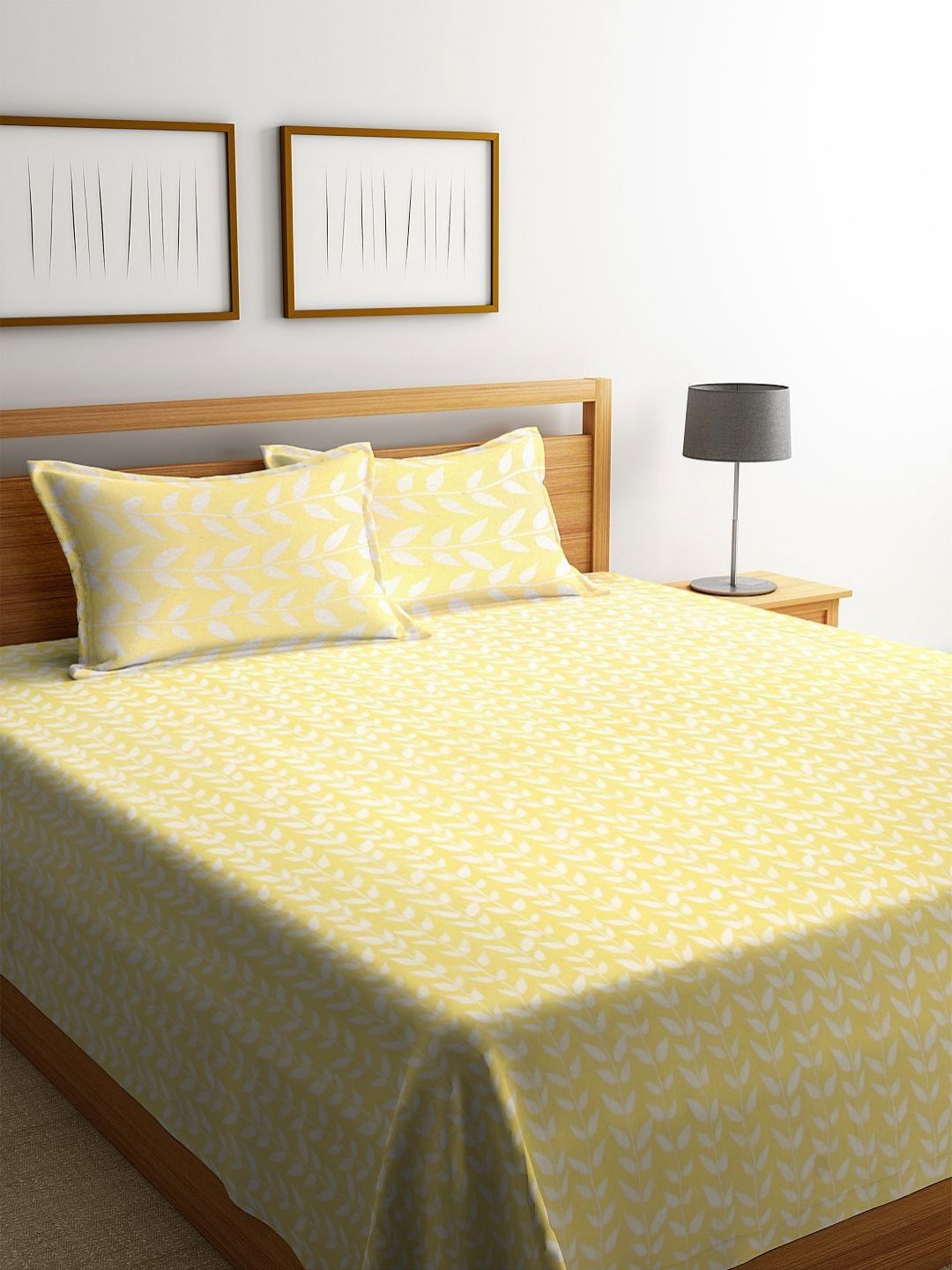 Myntra Elegant Homes Yellow & White Woven Design Cotton Double King Bed Cover