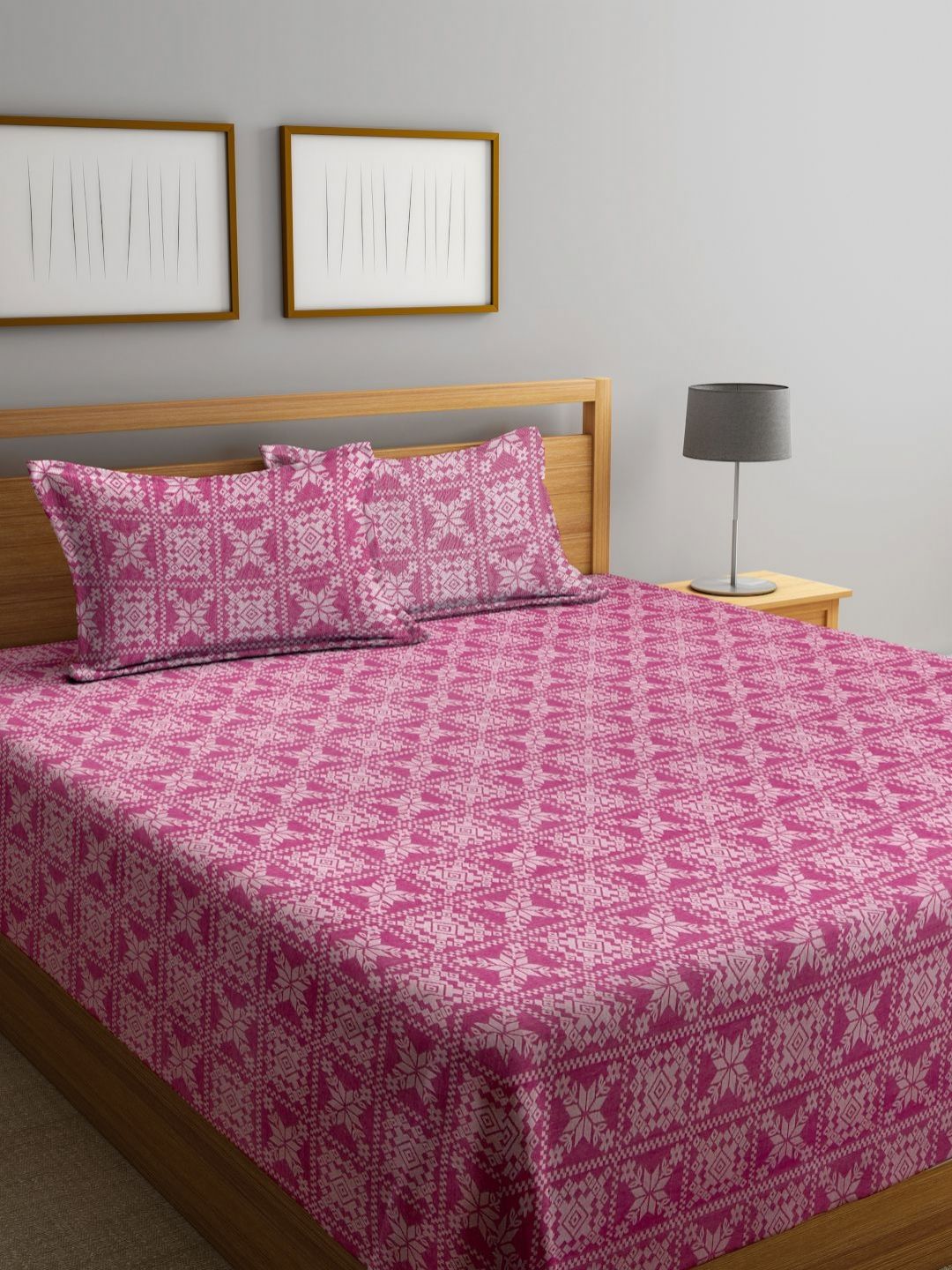 Myntra Elegant Homes Pink & White Woven Design Cotton Double King Bed Cover
