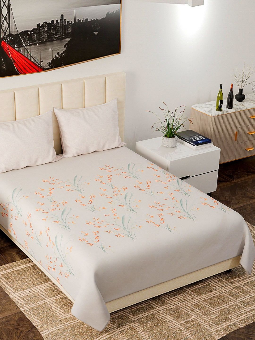 Aura Havemore Off White & Orange Floral Printed 162 TC King Bedsheet Set 2.28m x 2.54m-picture-27