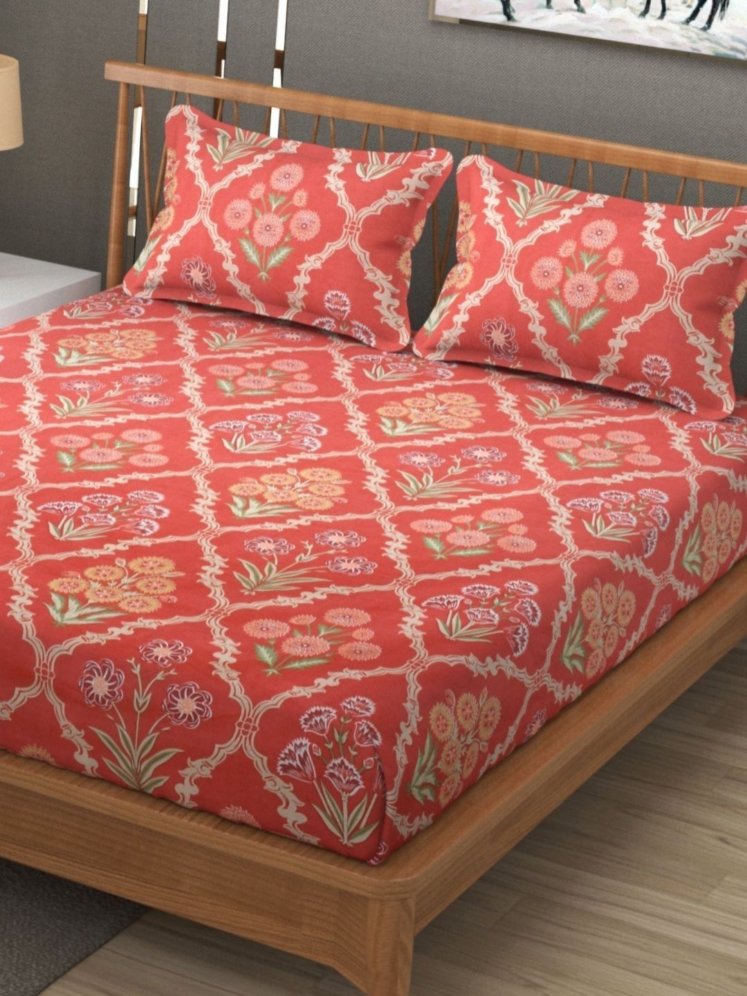 SEJ by Nisha Gupta Red Floral Floral Microfiber 300TC Queen Bedsheet Set 2.28m x 2.40m-picture-10