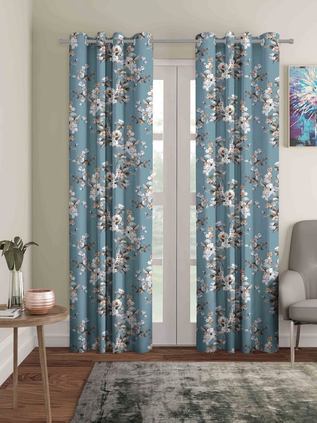 myntra elegant homes Aura Teal & Grey 2 Pieces Floral Printed Black Out Door Curtain-picture-21
