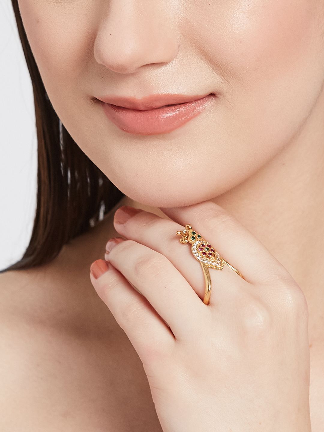ATIBELLE Set Of 2 Gold Plated Cubic Zirconia studded Vanki- Shaped Beaded Finger Rings