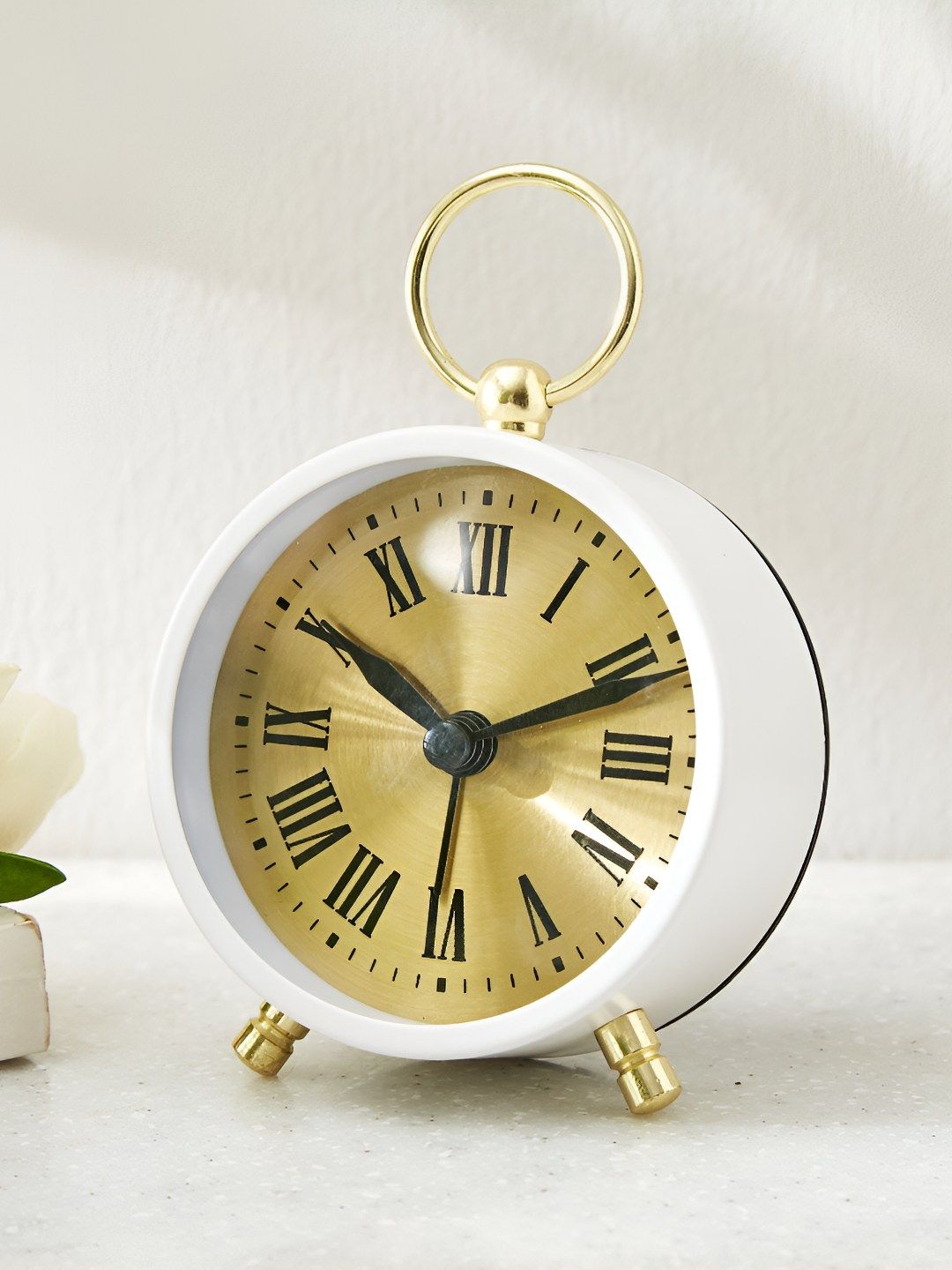 Home Centre Casablanca Gloss Glass Roman White & Gold-Toned Round Shaped Table Clock-picture-12