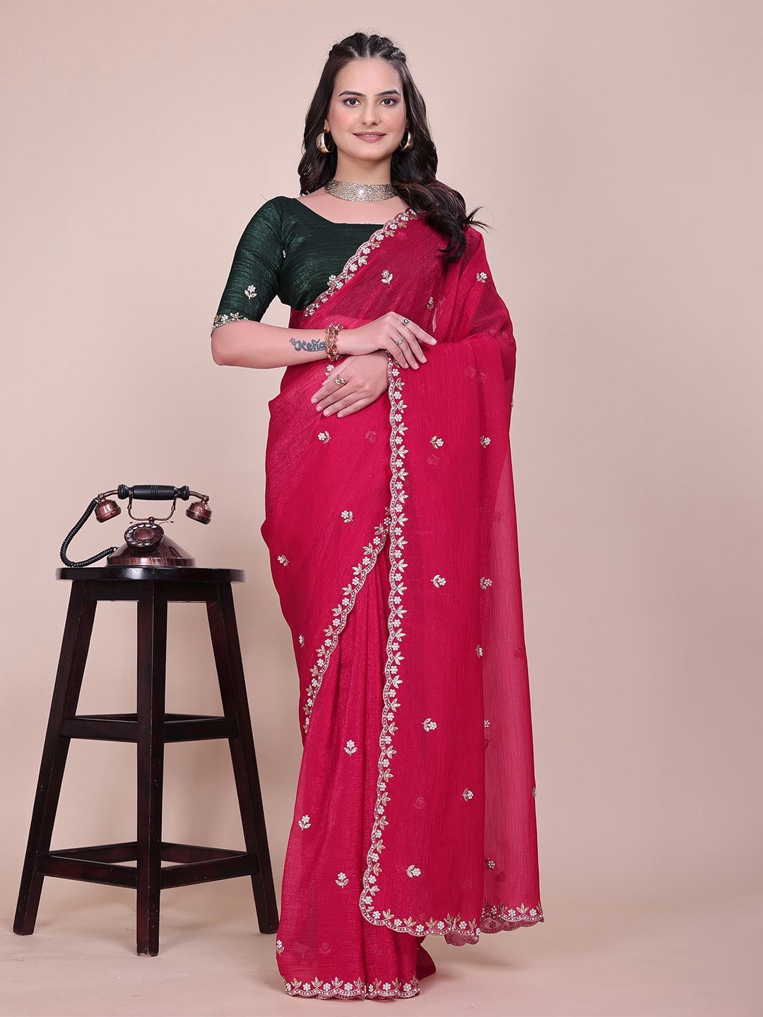 K 5 Fashion Ethnic Motifs Embroidered Pure Chiffon Maheshwari Saree-picture-19