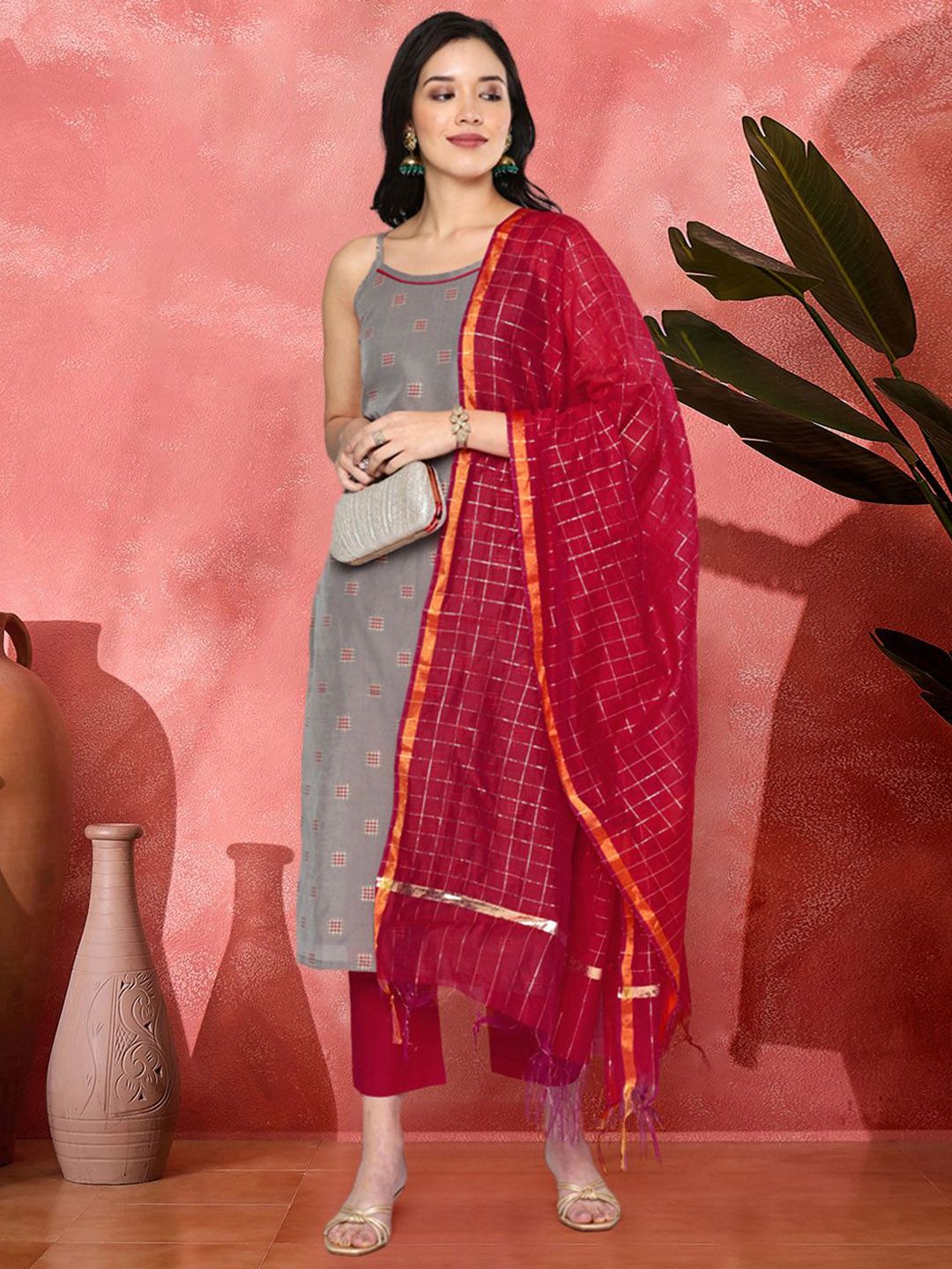 Sangria Woven Design Straight Kurta With Trouser & Dupatta Set