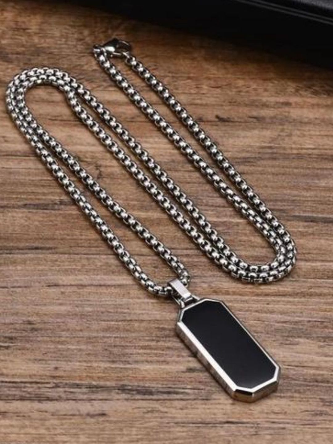 Nitant Men Silver-Plated Glass Cut Rectangular Pendant with Chain-picture-56