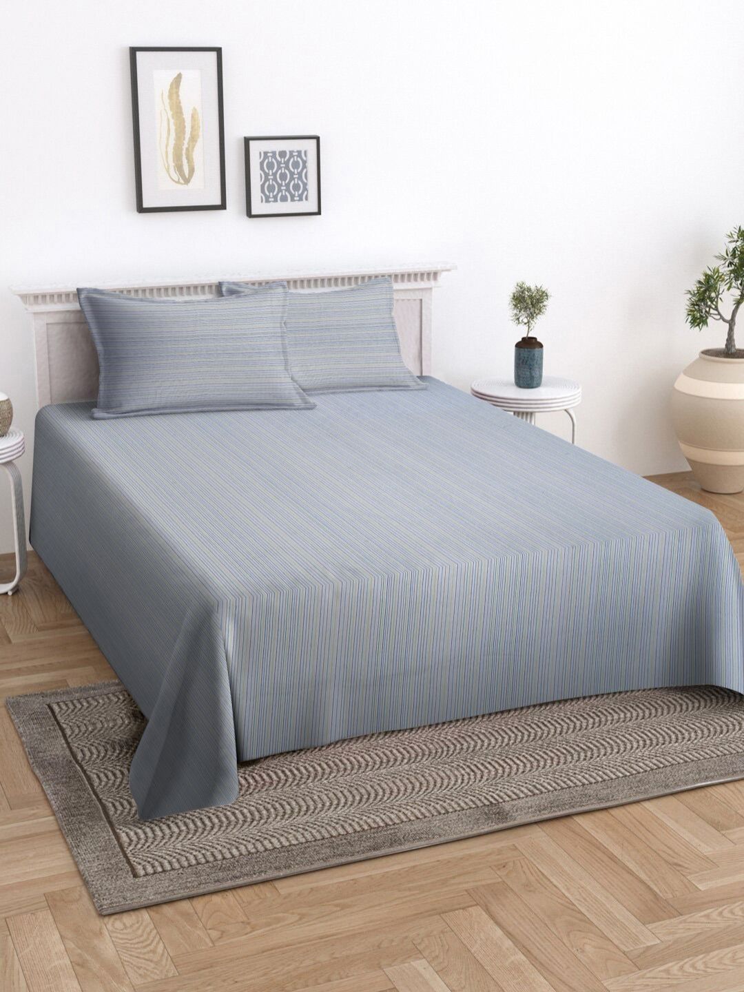 Myntra Elegant Homes Blue & White Striped Cotton Double King Bed Cover
