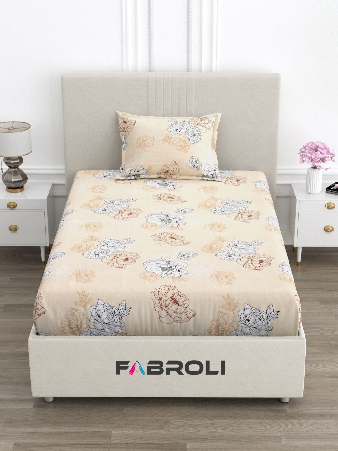 FABROLI Beige & Orange Floral Printed 300 TC Single Bedsheet Set 2.28 m x 1.52 m-picture-28