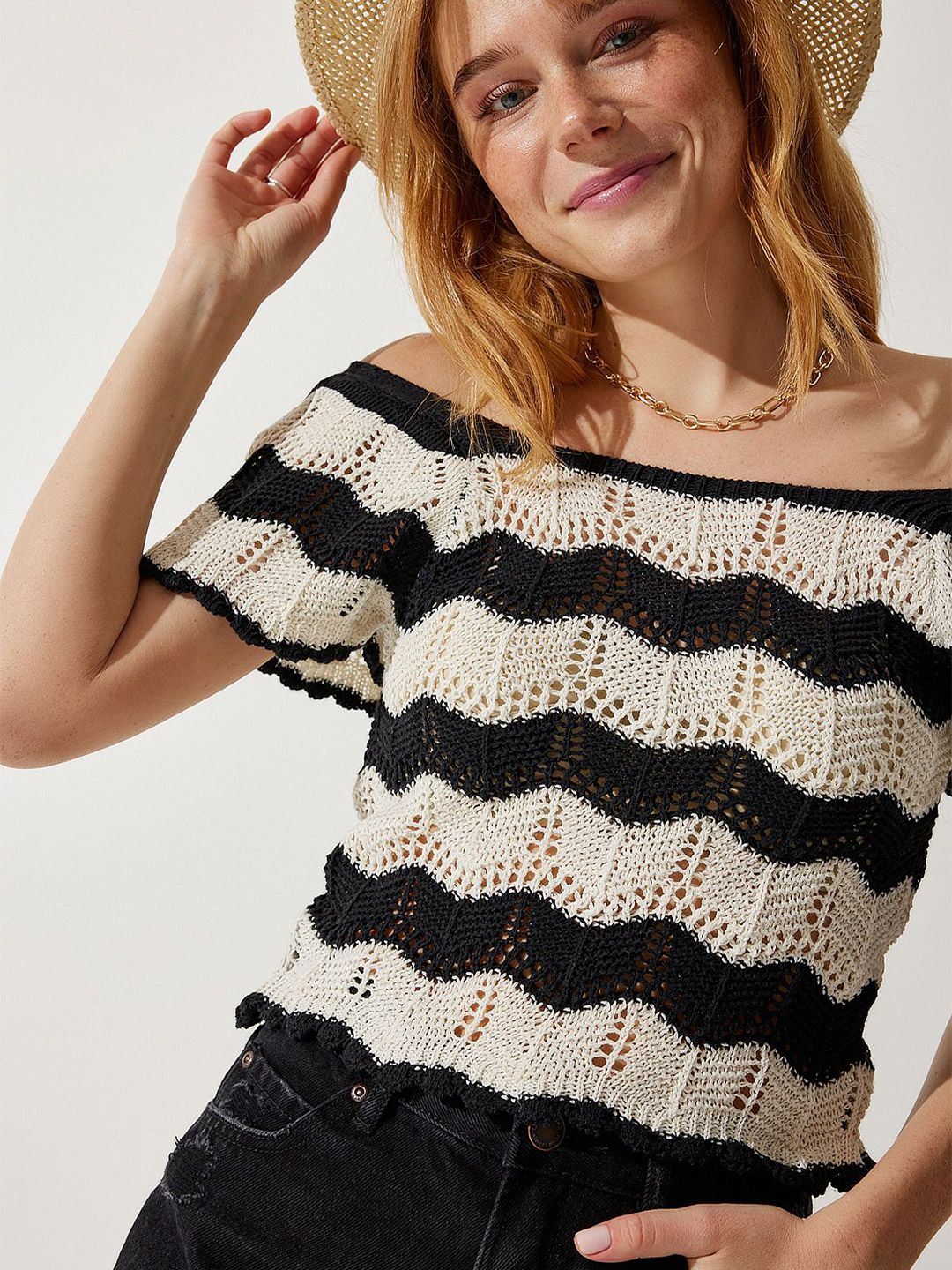 Happiness istanbul Women Self Design Striped Crochet Bardot Top-picture-11
