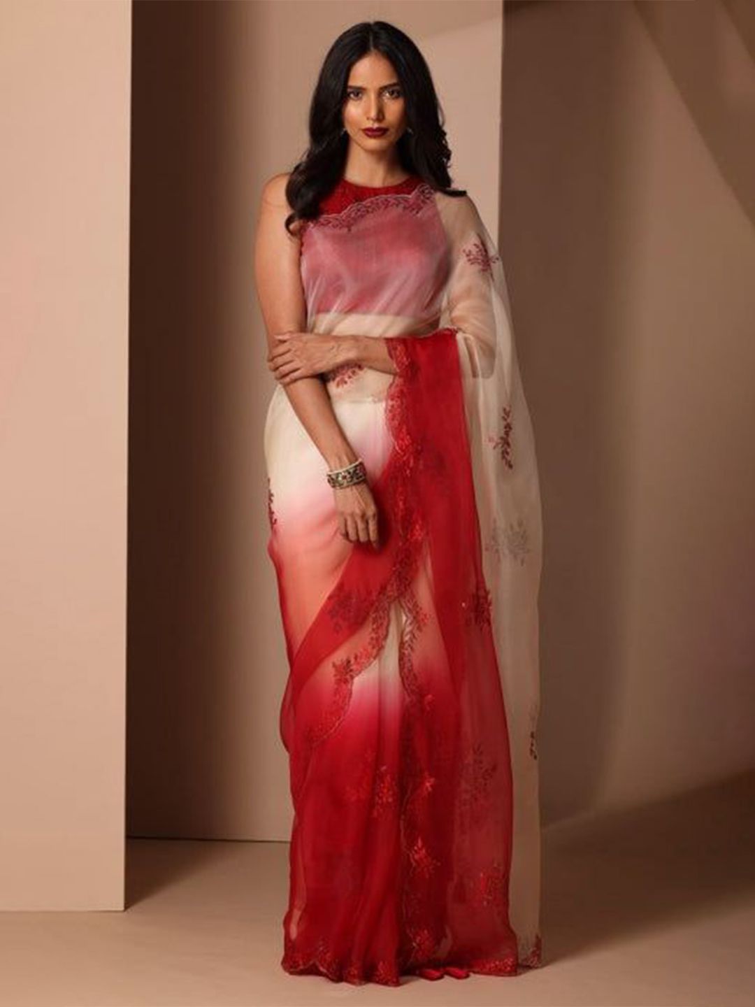 Chhaya Mehrotra Ombre Embellished Beads and Stones Organza Saree-image-32