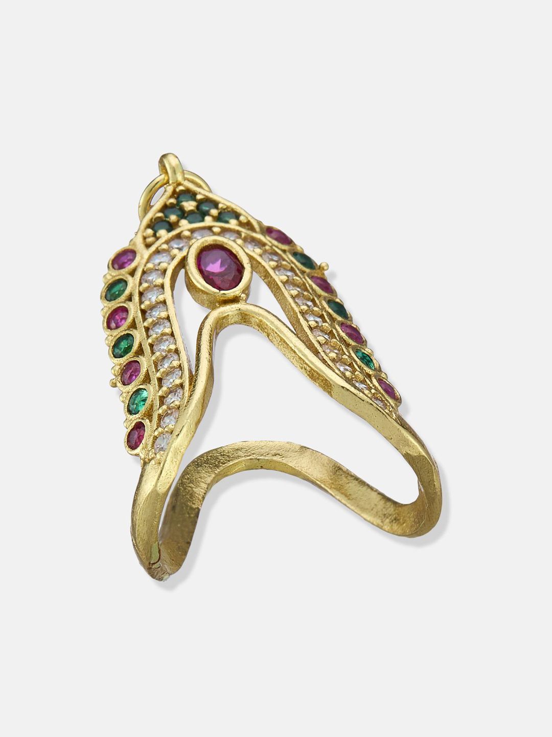ATIBELLE Set Of 2 Gold Plated Cubic Zirconia studded Vanki- Shaped Beaded Finger Rings