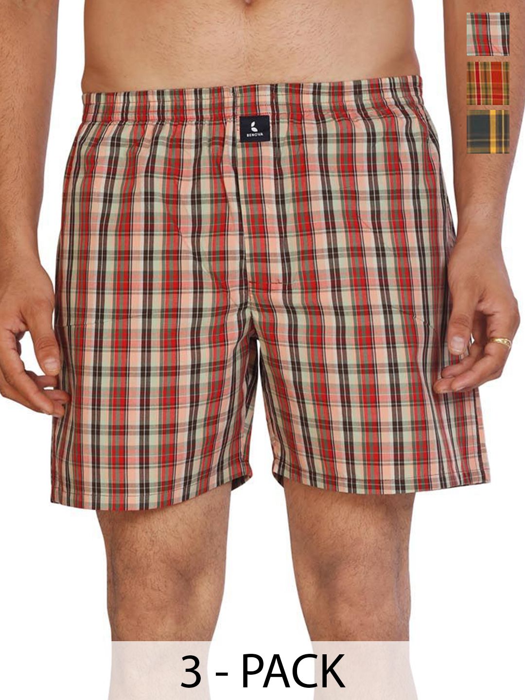 BENOVA Pack Of 3 Checked Pure Cotton Lightweight Boxers - BNV-05-P3-S-picture-35