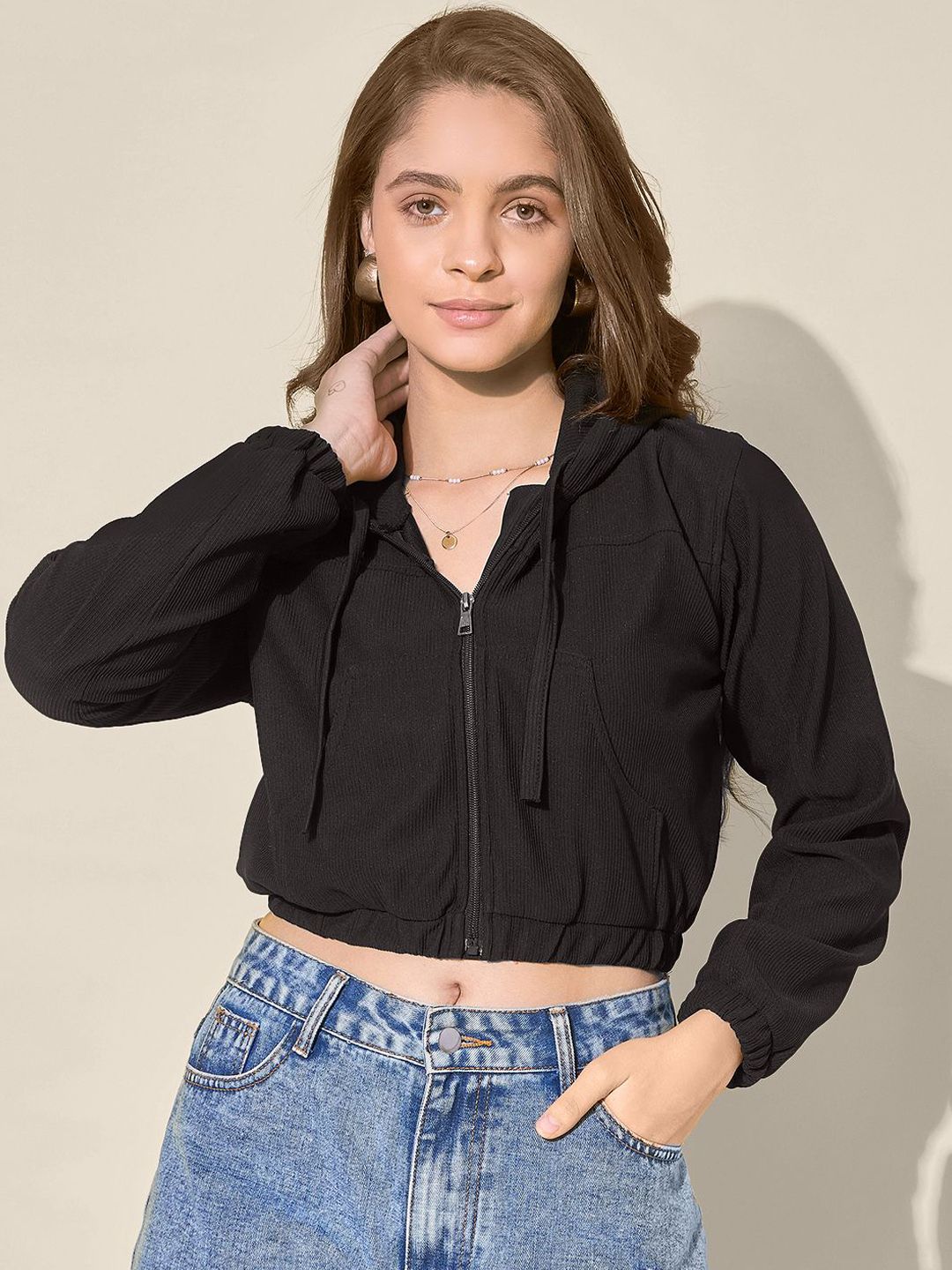 QIOA Women Lightweight Crop Bomber with Embroidered Jacket-image-35