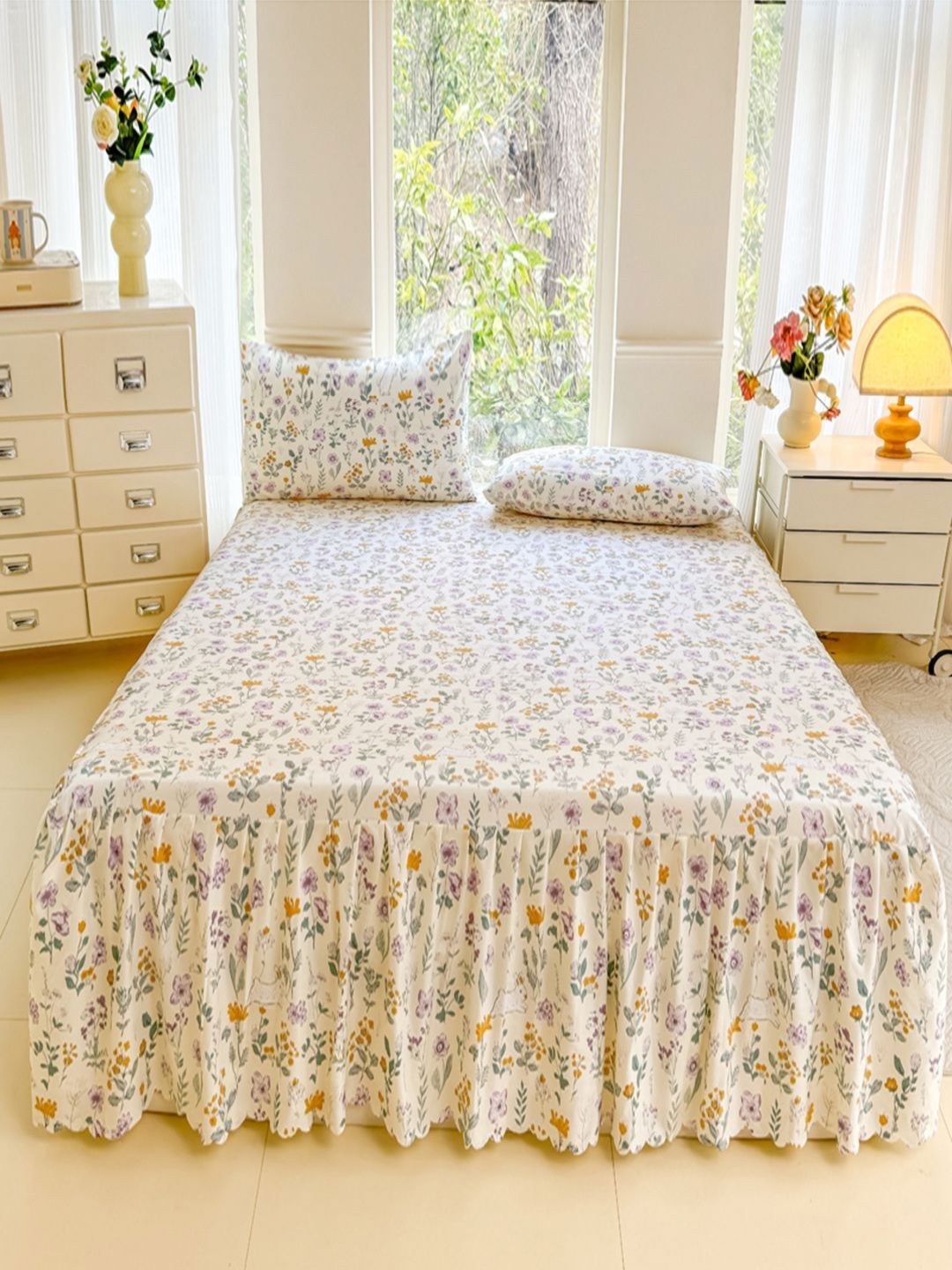 JC HOME Beige & Green Floral 140 TC Queen Bedsheet with 2 Pillow Covers-picture-32