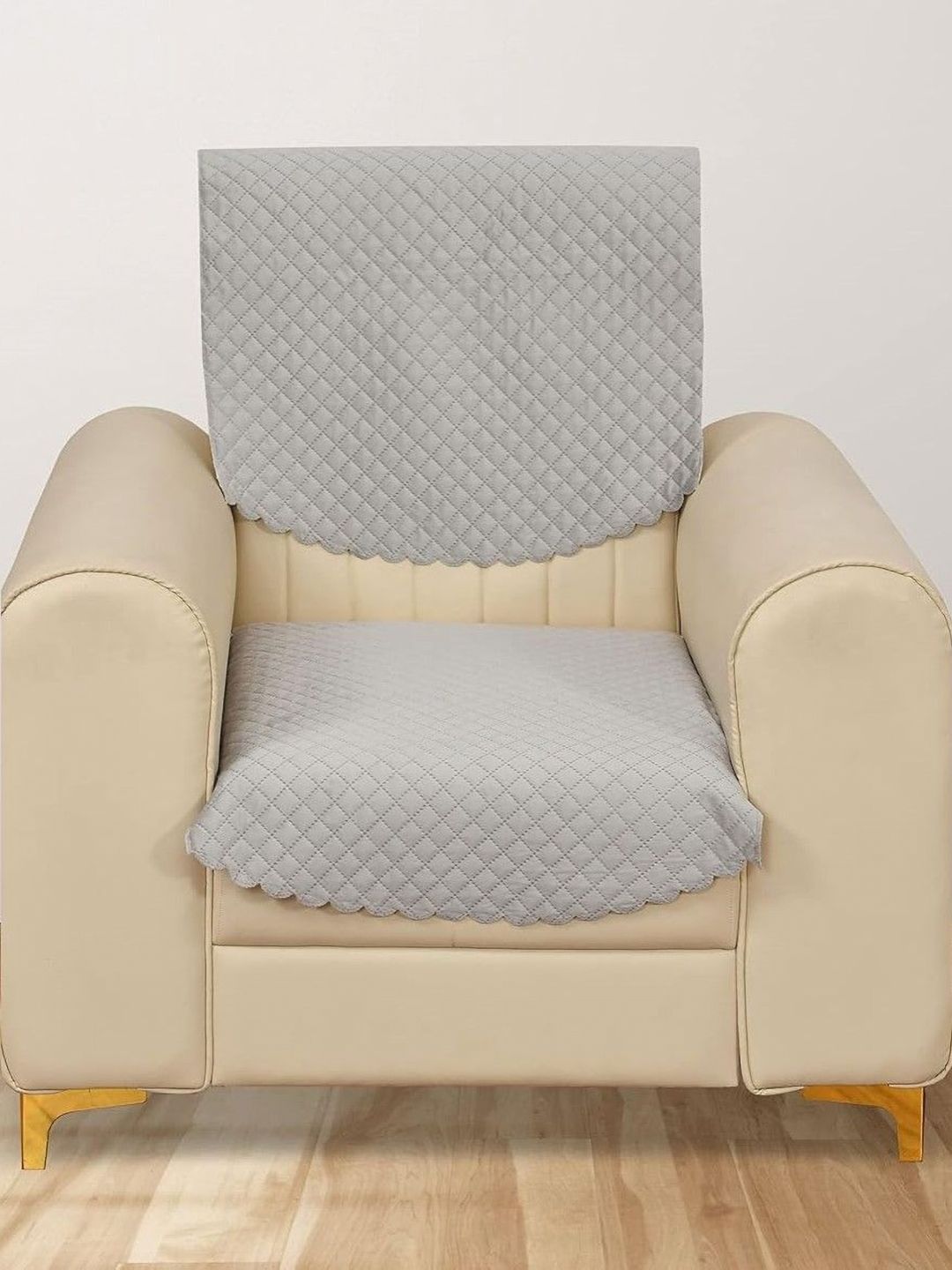 Aura Beige & Grey Solid Velvet 1 Seater Sofa Cover-picture-53