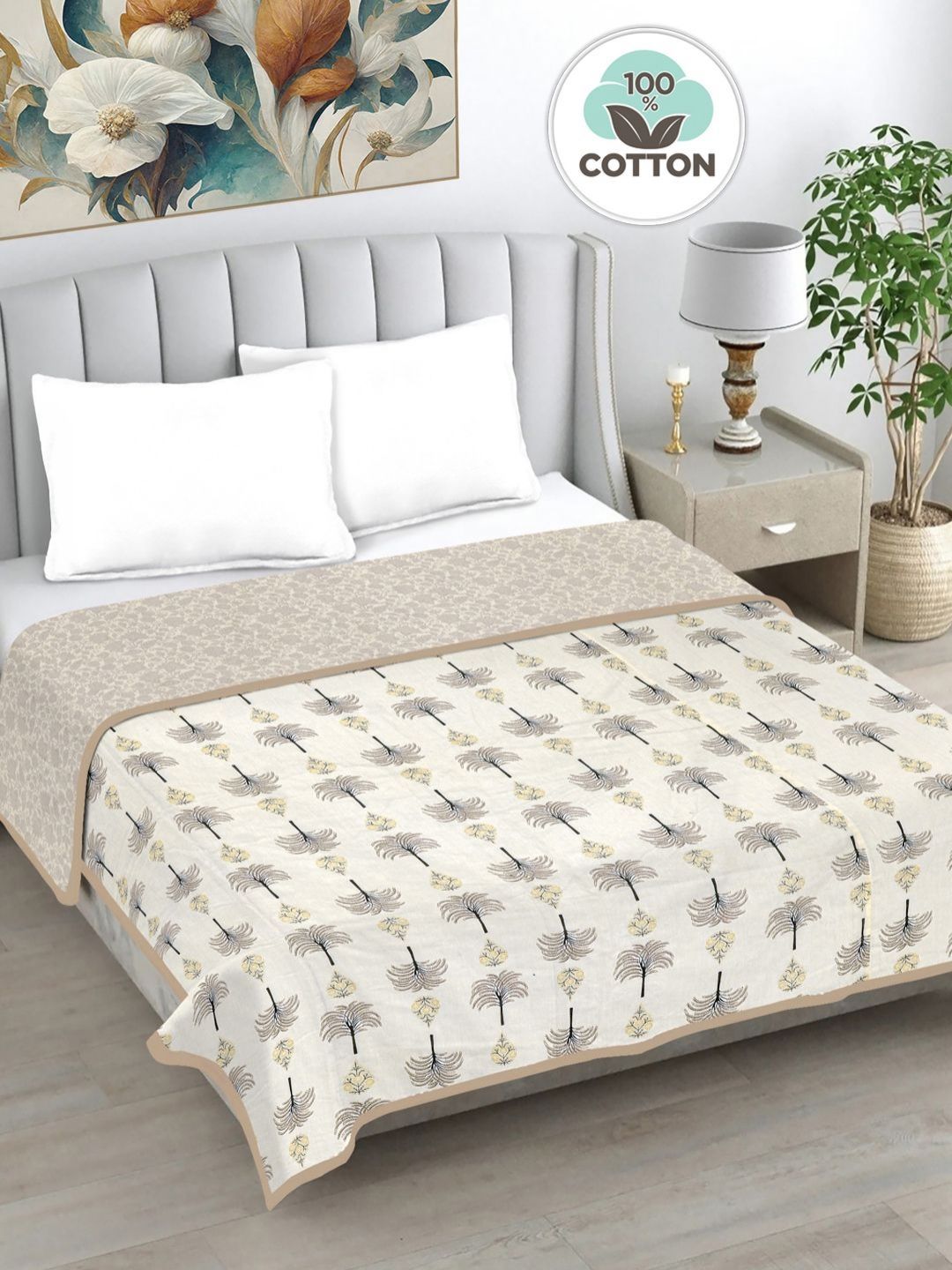 FABINALIV White & Beige Printed Reversible AC Room Cotton 230 GSM Double King Bed Dohar-picture-10