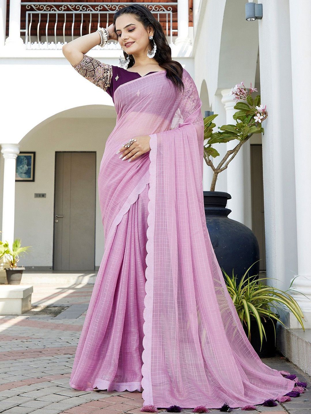 K 5 Fashion Checked Pure Chiffon Saree-picture-16