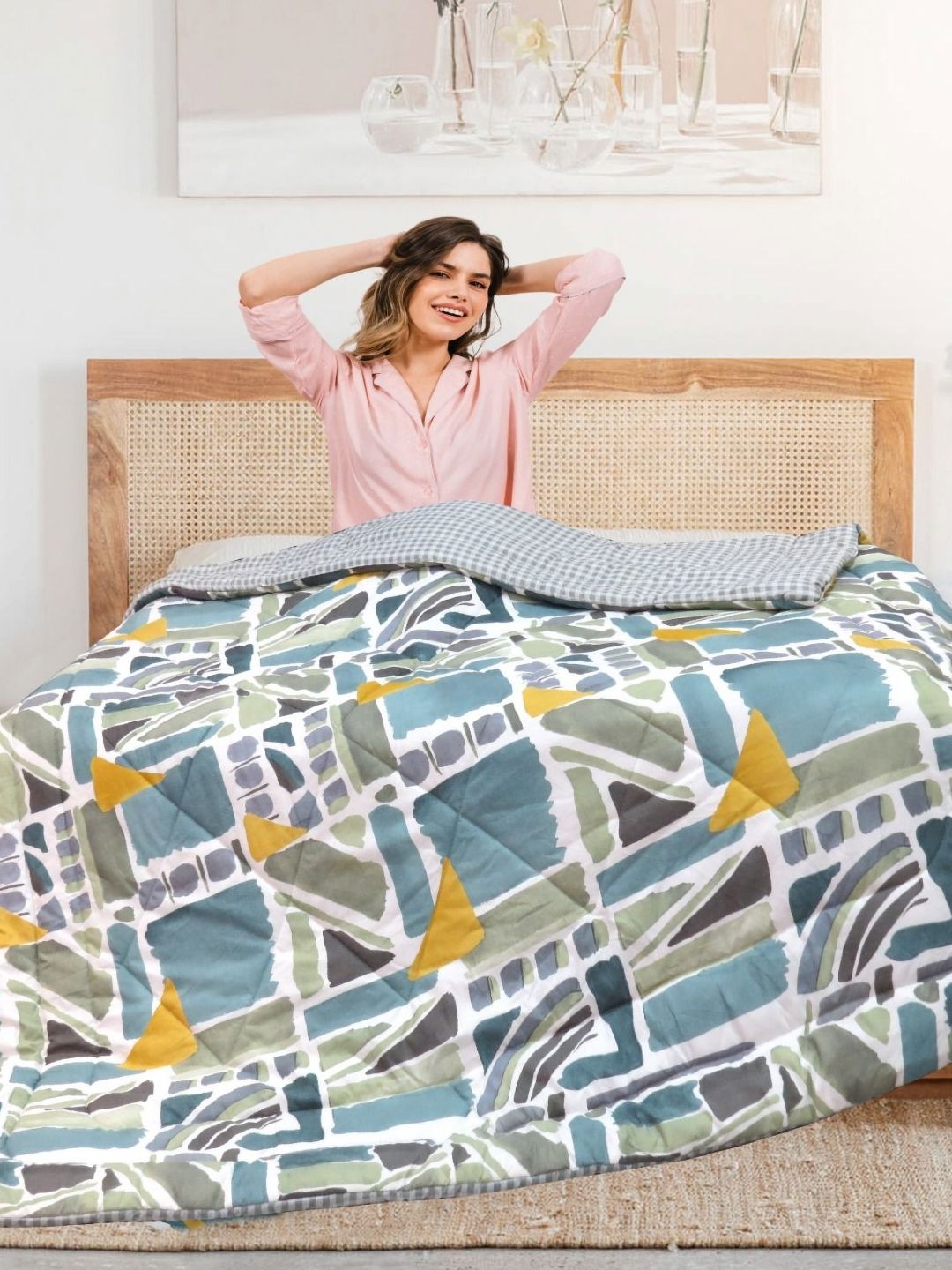 Aura Olive Green & Blue Geometric Printed Microfiber AC Room 300 GSM Double Bed Comforter-picture-22