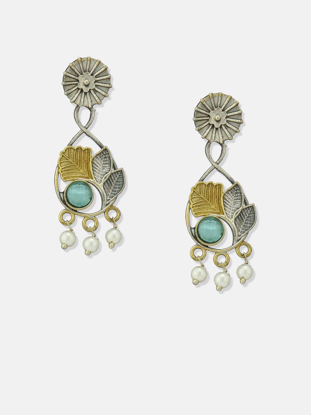 ATIBELLE Set Of 2 German Silver Artificial Stones Studded And Beaded Drop Earrings