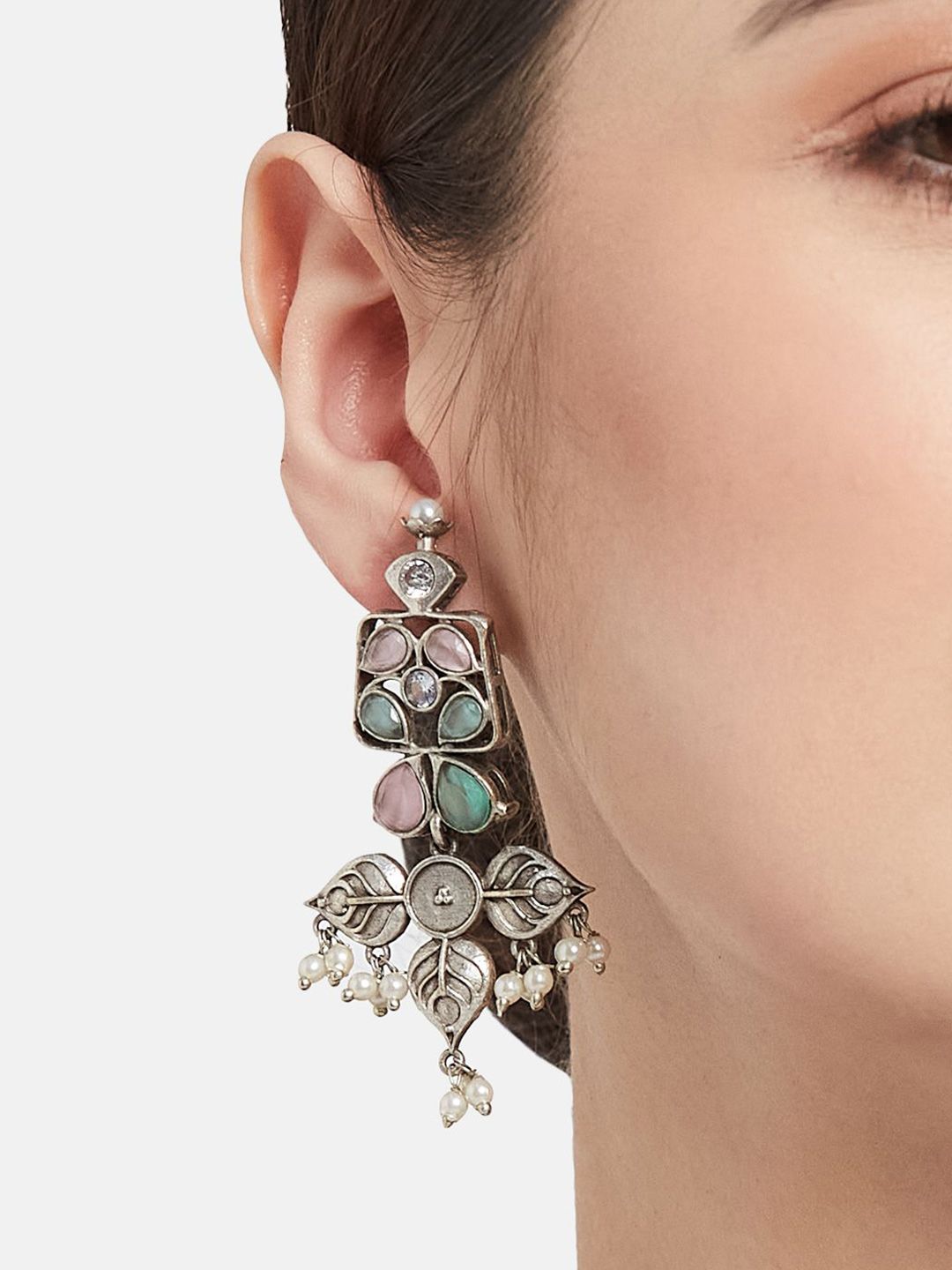 ATIBELLE Set Of 2 German Silver-Plated Kundan Studded Oxidised Contemporary Drop Earrings