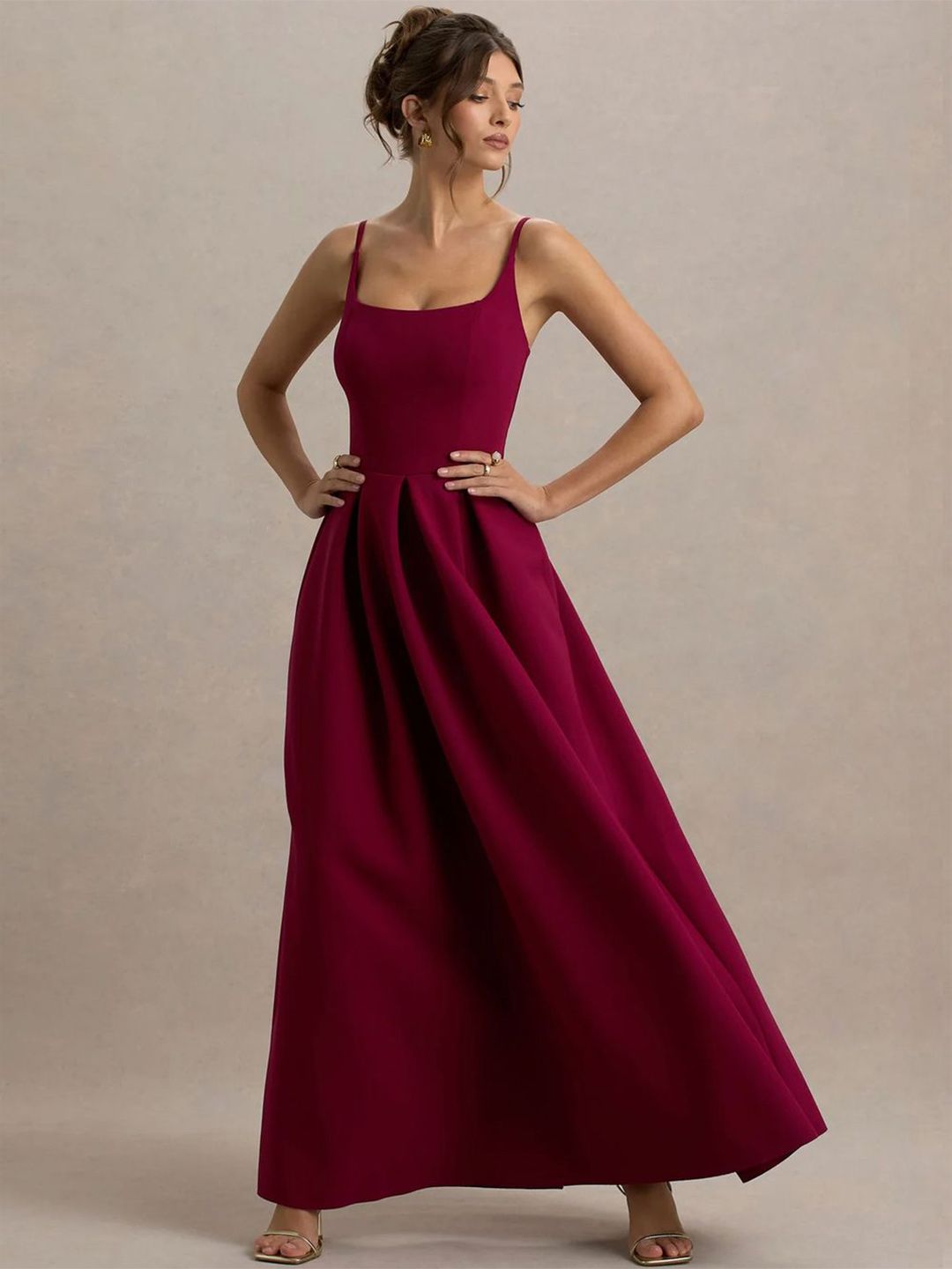 CLAFOUTIS Women Solid Square Neck Crepe Bodycon Maxi Dress view 1