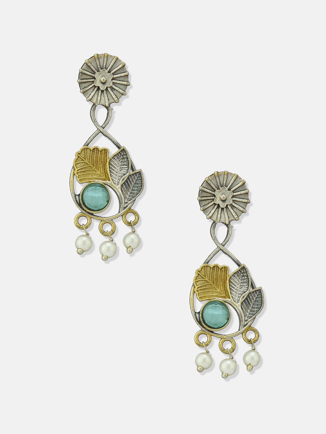 ATIBELLE Set Of 2 German Silver Plated Artificial Stones Studded & Beaded Drop Earrings
