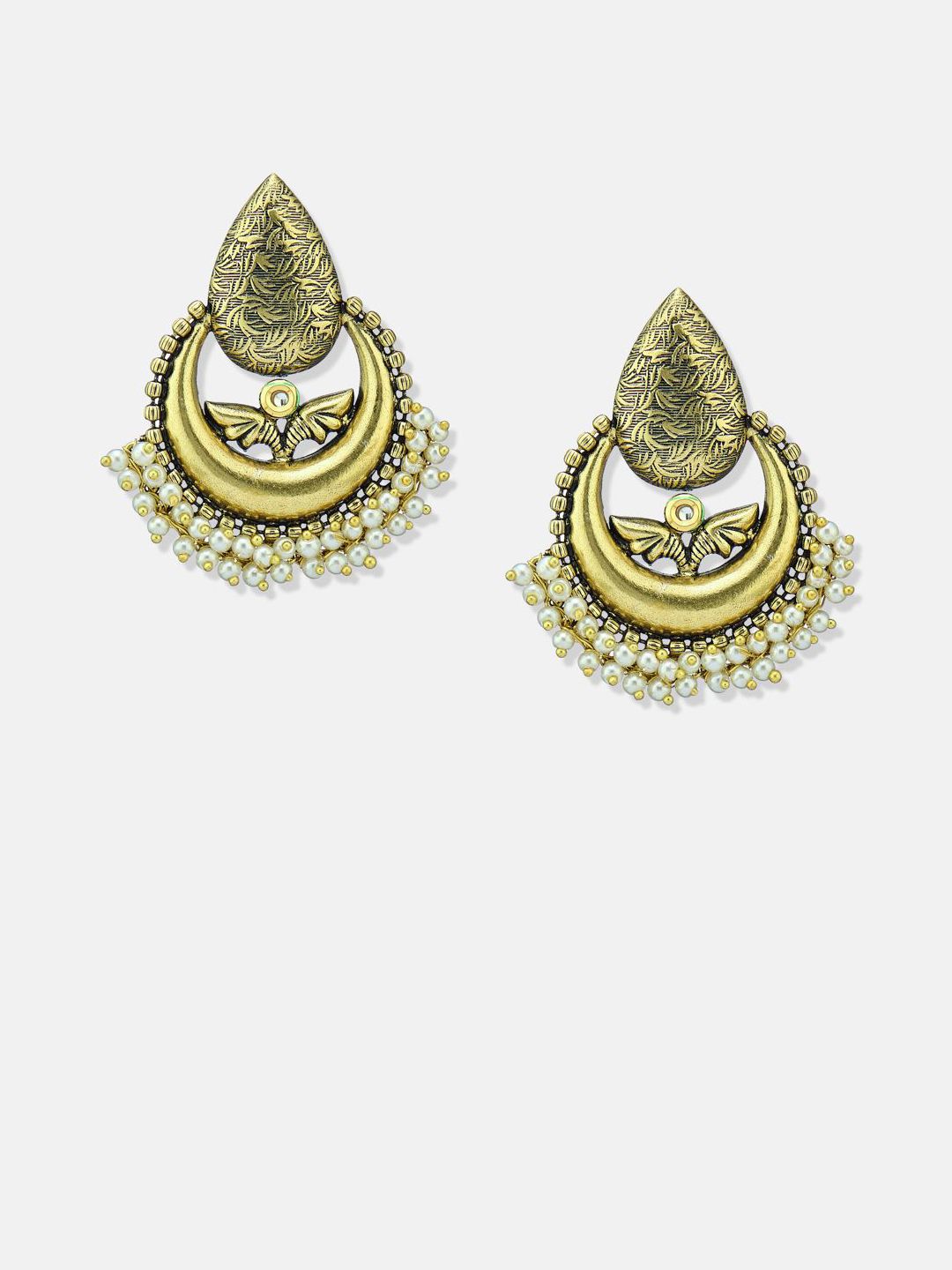 ATIBELLE Set Of 2 German Silver Plated Artificial Stone Studded & Beaded Drop Earrings