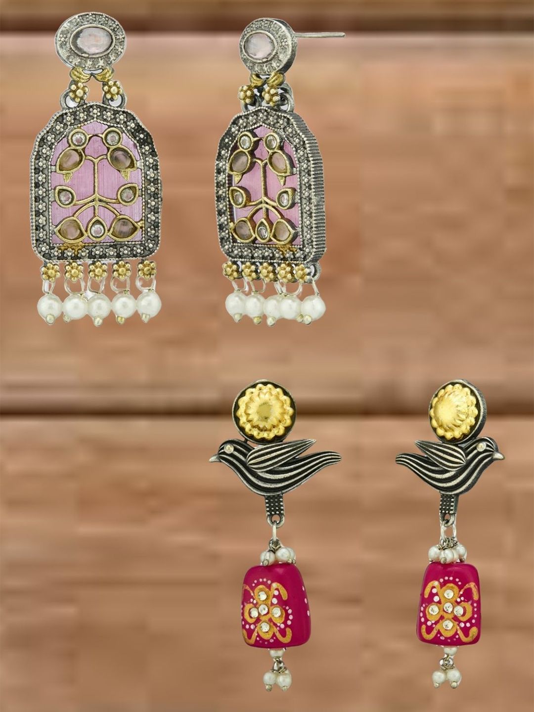 ATIBELLE Set Of 2 German Silver Plated Artificial Stone Studded & Beaded Drop Earrings