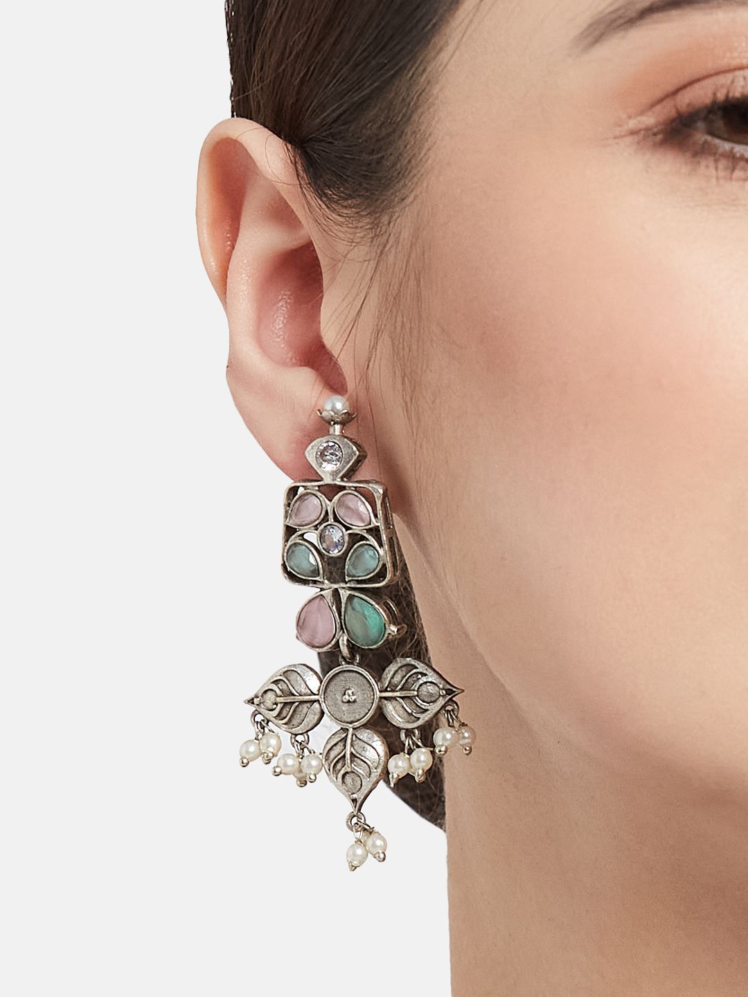 ATIBELLE Set Of 2 German Silver Plated Kundan Stone Studded Oxidised Drop Earrings