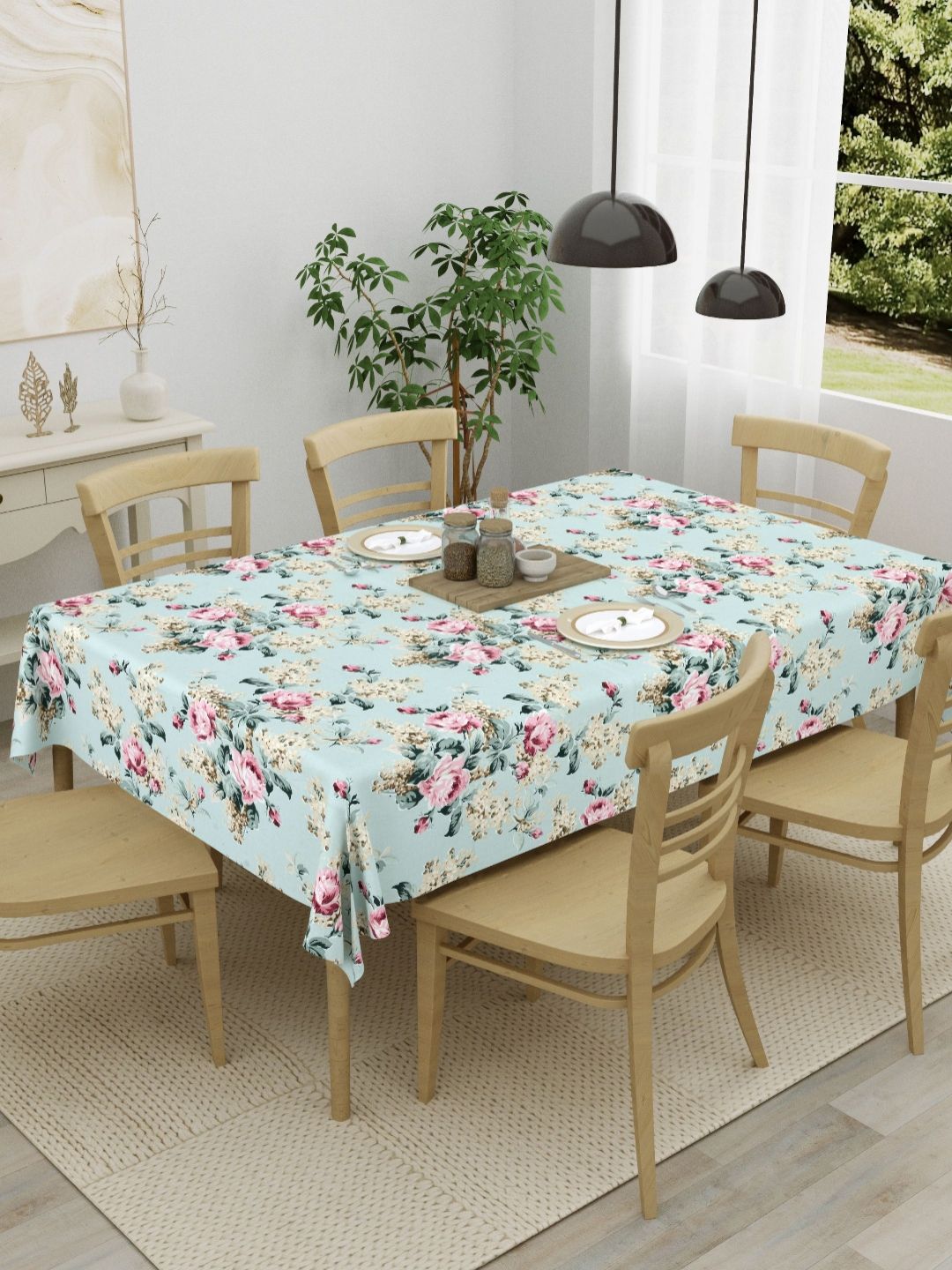 Clasiko Green & Yellow Floral Printed Anti-Skid Pure Cotton 6-Seater Table Cover-image-16