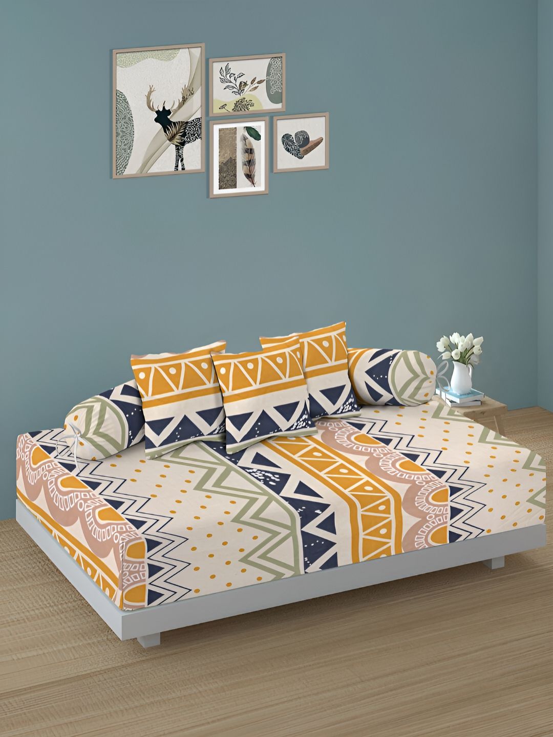 Arrabi 6Pcs Yellow & White Geometric Printed Skin-Friendly Superfine Quality Diwan Set-image-43