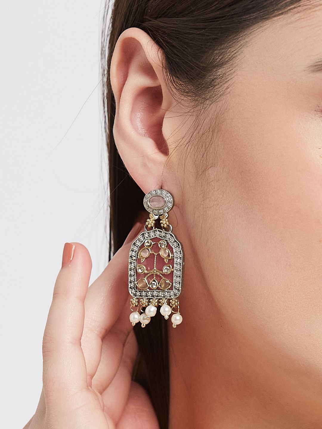 ATIBELLE Set Of 2 German Silver Plated Peacock Shaped Oxidised Drop Earrings