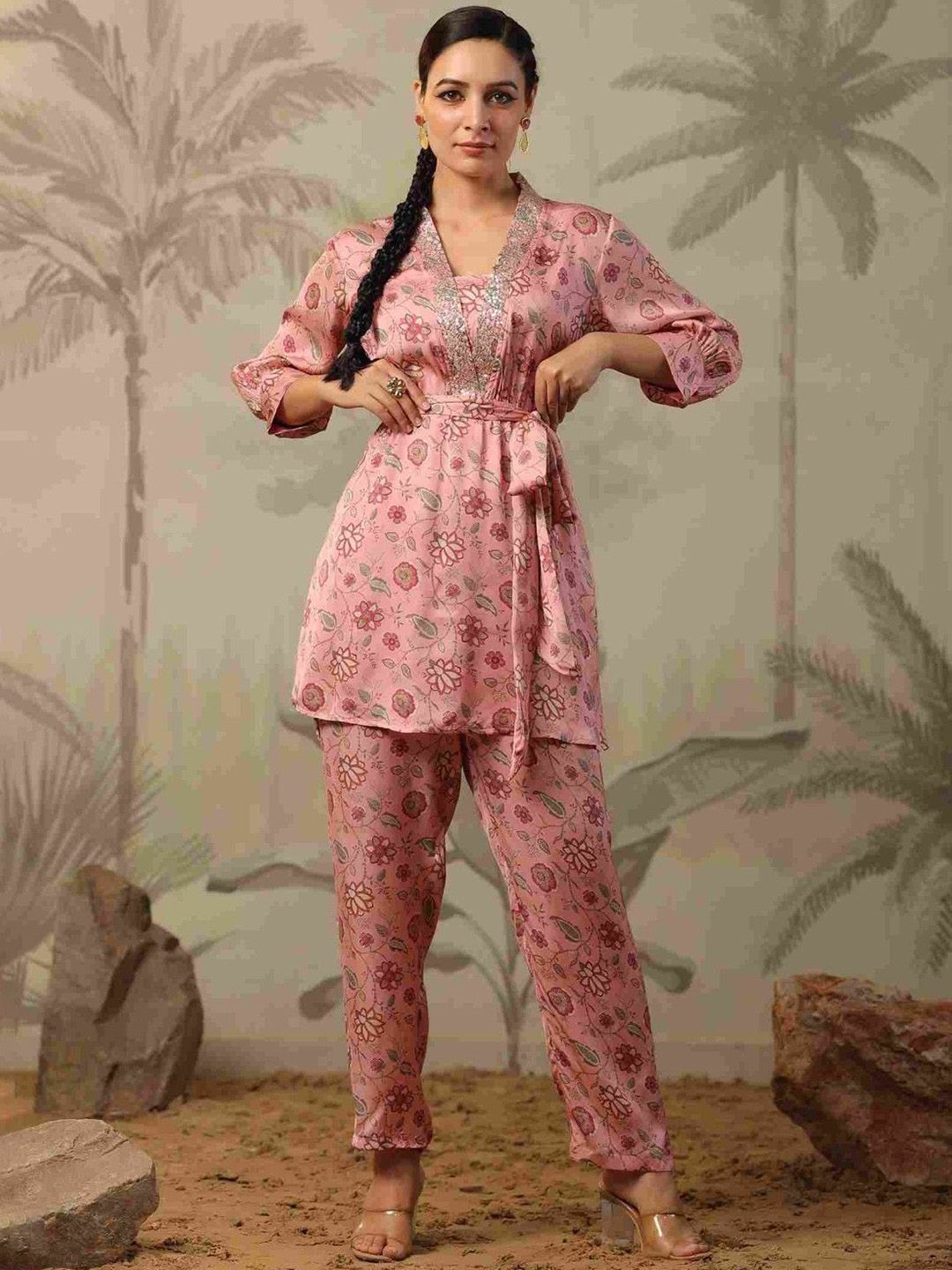 Aralia Floral Embellished Satin V-Neck Top with Trousers Co-Ords-picture-25