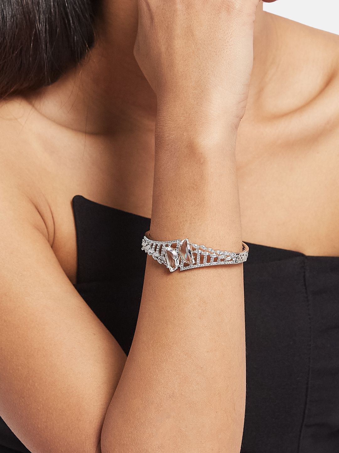 ATIBELLE SeOf 2 Silver-Plated Cubic Zirconia Studded Bangle-Style Bracelet