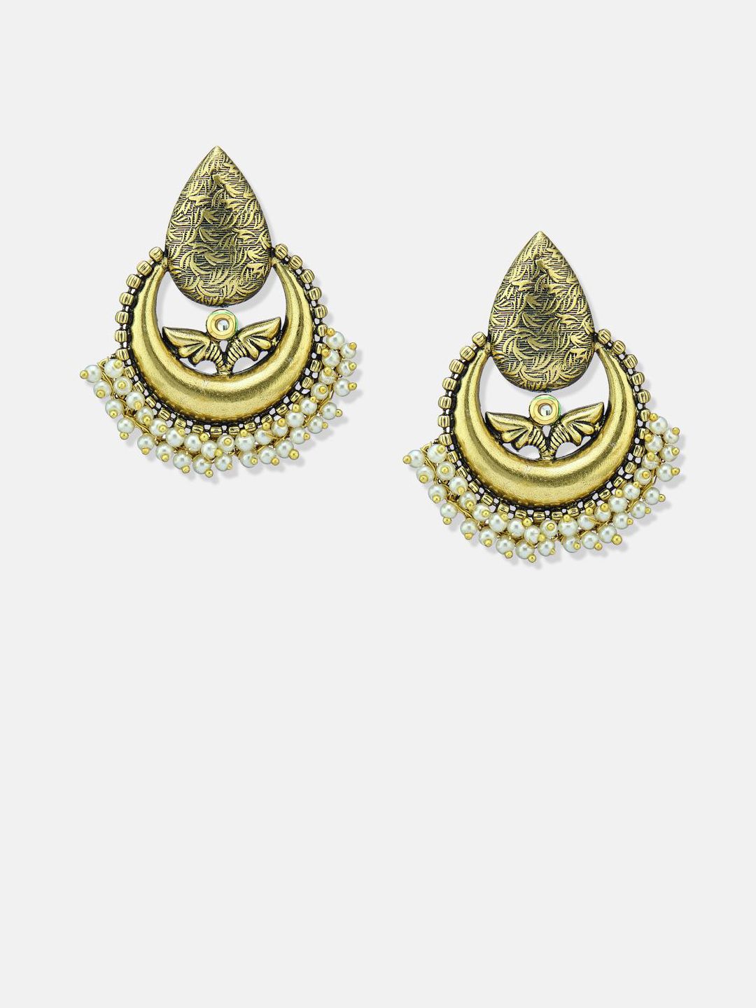 ATIBELLE Set Of 2 German Silver Plated Artificial Stone Studded & Beaded Drop Earrings