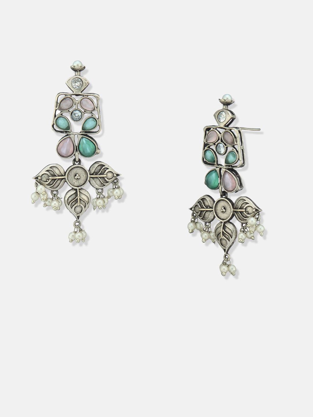 ATIBELLE Set Of 2 German Silver-Plated Kundan Studded Oxidised Contemporary Drop Earrings