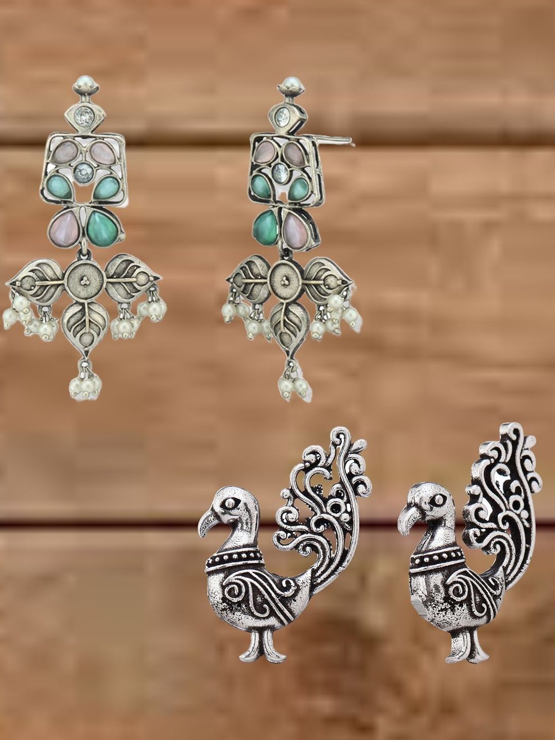 ATIBELLE Set Of 2 German Silver-Plated Kundan Studded Oxidised Contemporary Drop Earrings