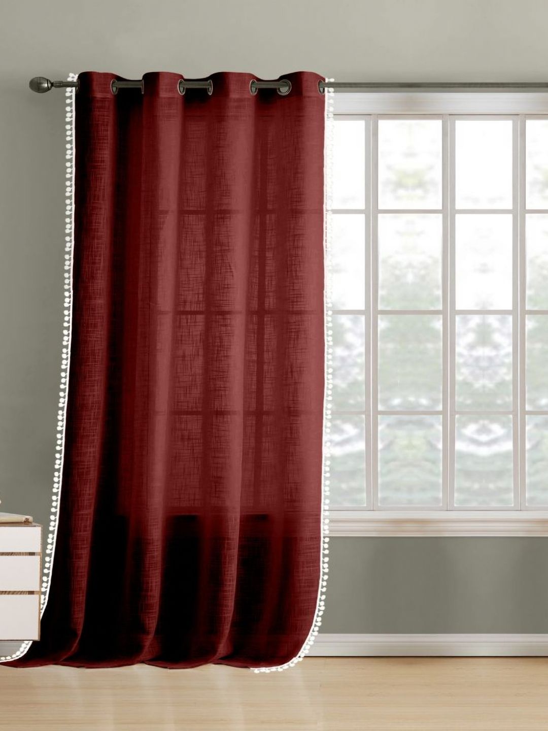 THE LINEN COMPANY Maroon & White Cotton Sheer Door Curtain-picture-27