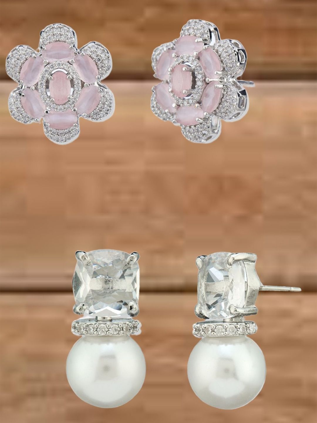 ATIBELLE Set Of 2 Silver Plated Cubic Zirconia Studded Floral Shaped Studs