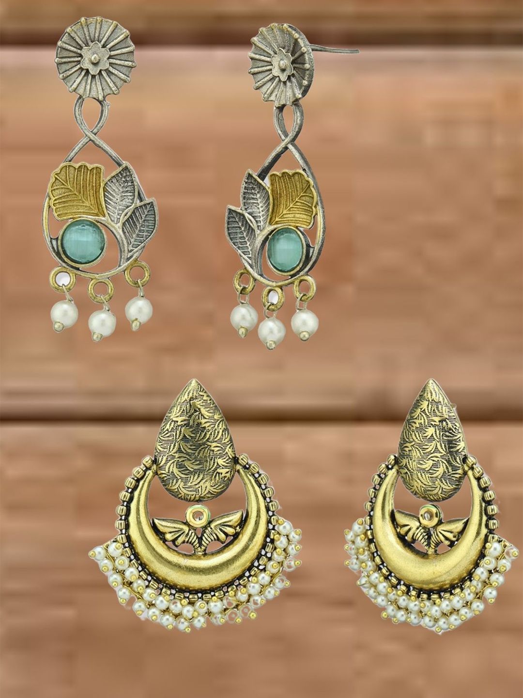 ATIBELLE Set Of 2 German Silver Plated Artificial Stone Studded & Beaded Drop Earrings