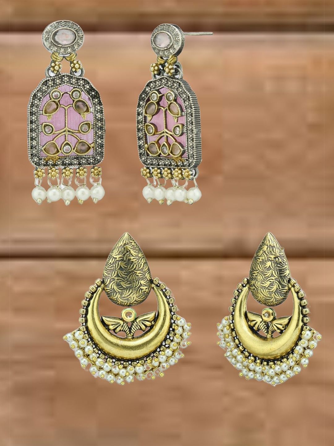 ATIBELLE Set Of 2 German Silver Plated Artificial Stone Studded & Beaded Drop Earrings