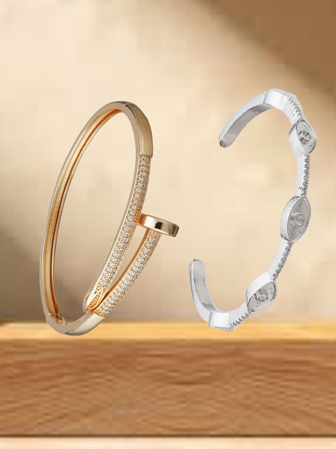 ATIBELLE Set Of 2 Gold-Plated Cubic Zirconia Studded Cuff Bracelets