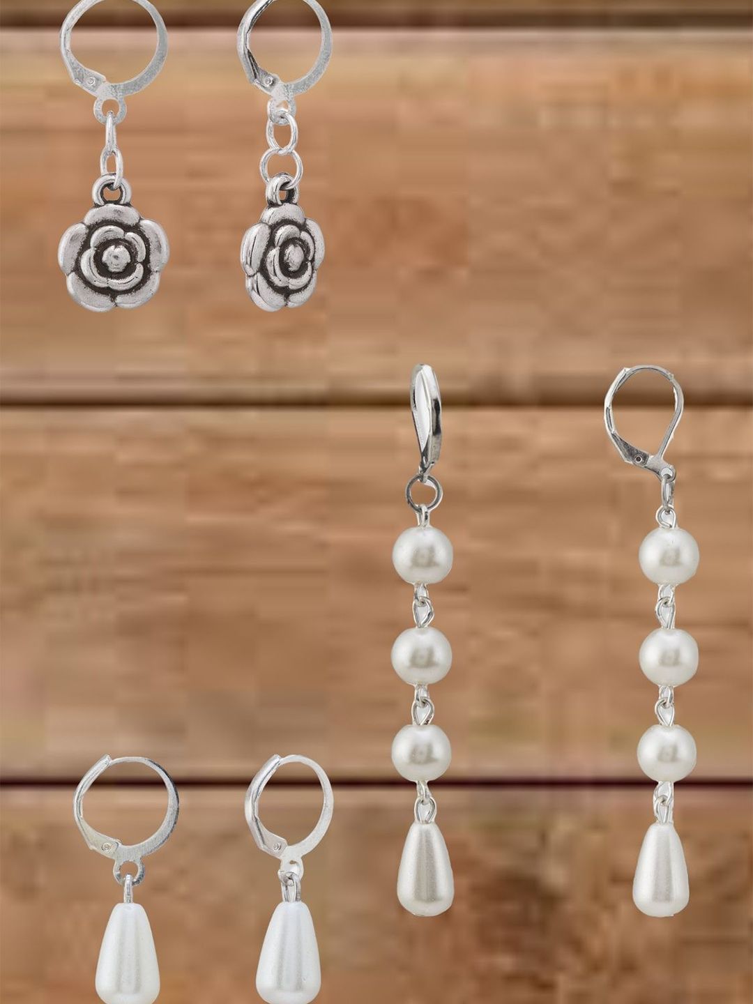 Atibelle Set Of 3 German Silver Plated Artificial Stone Studded & Beaded Drop Earrings-picture-35