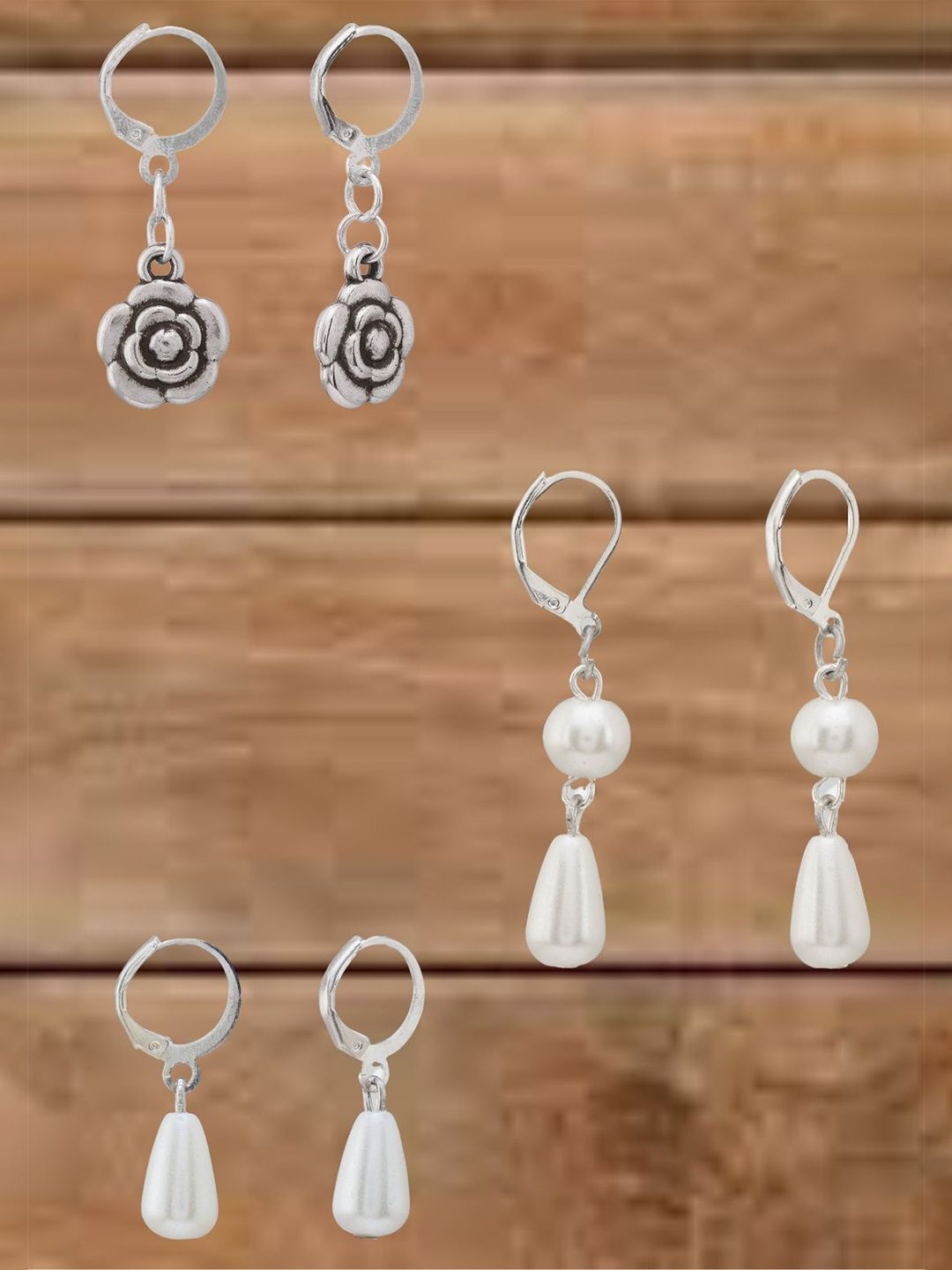 ATIBELLE Set Of 3 Silver-Plated Artificial Beads Beaded Drop Earrings