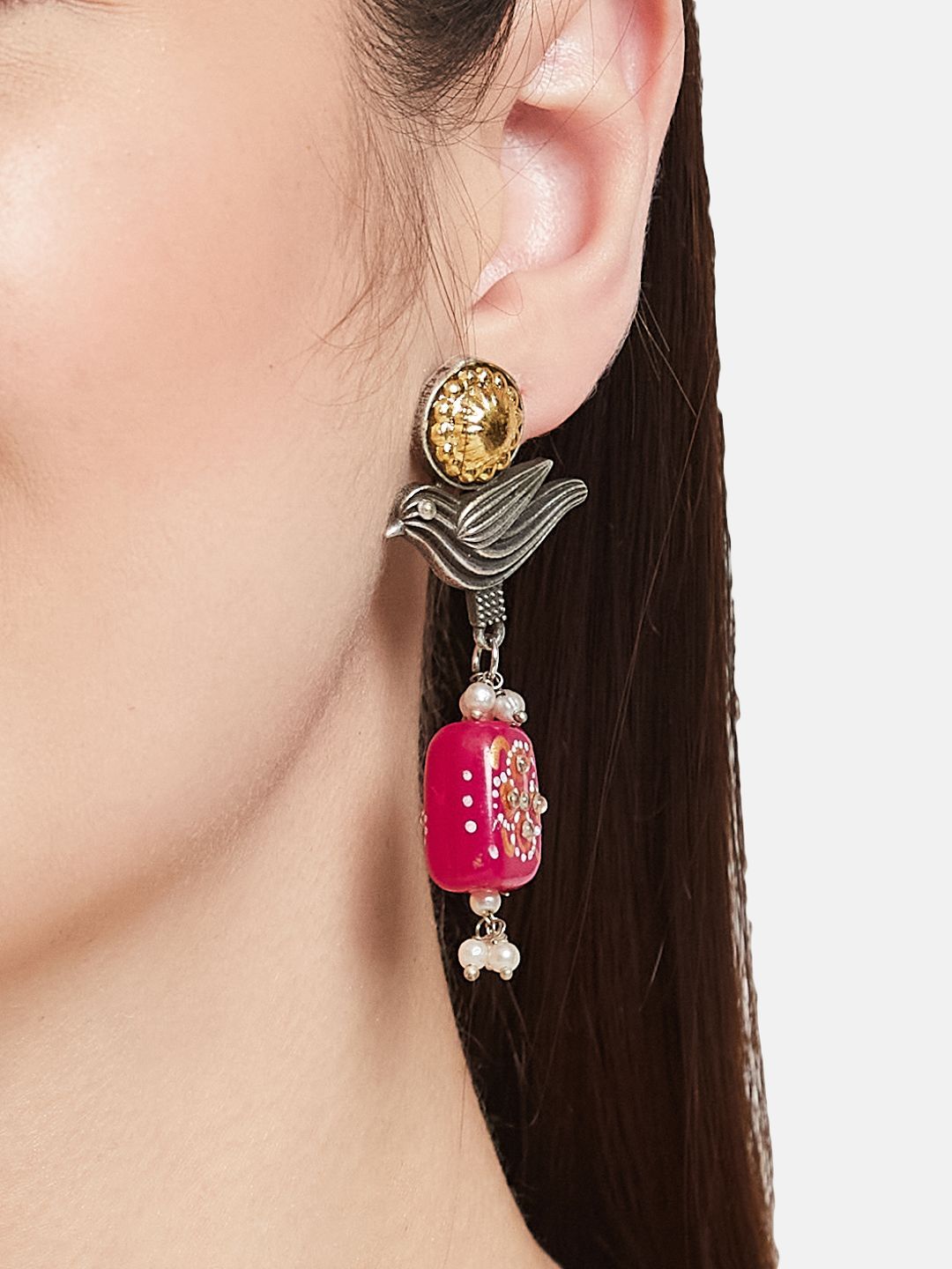 ATIBELLE Set Of  2 German Silver Plated Kundan Studded Contemporary Shape Drop Earrings