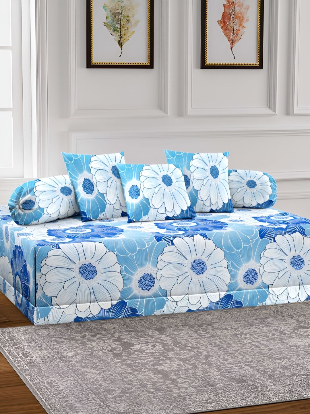 Arrabi 6Pcs Blue & White Floral Printed Skin-Friendly Superfine Quality Diwan Set-image-28