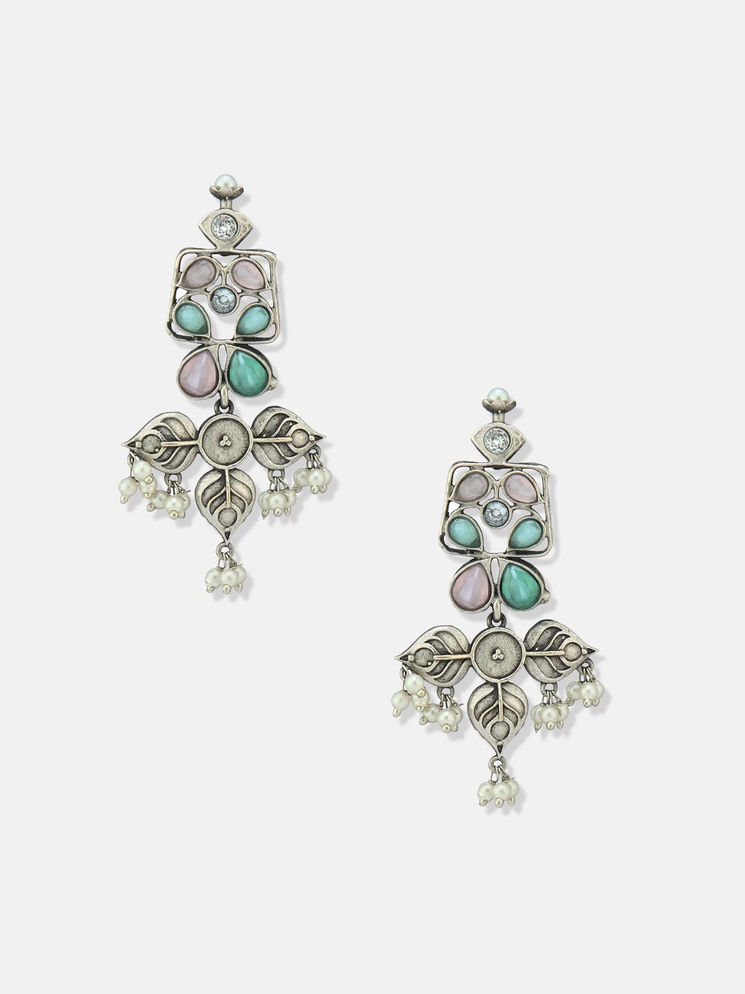 ATIBELLE Set Of 2 German Silver Plated Kundan Stone Studded Oxidised Drop Earrings